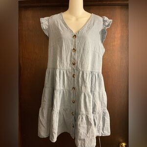 Cupshe Brand NWT Size Medium Light Wash Chambray Button Front Ruffle Dress